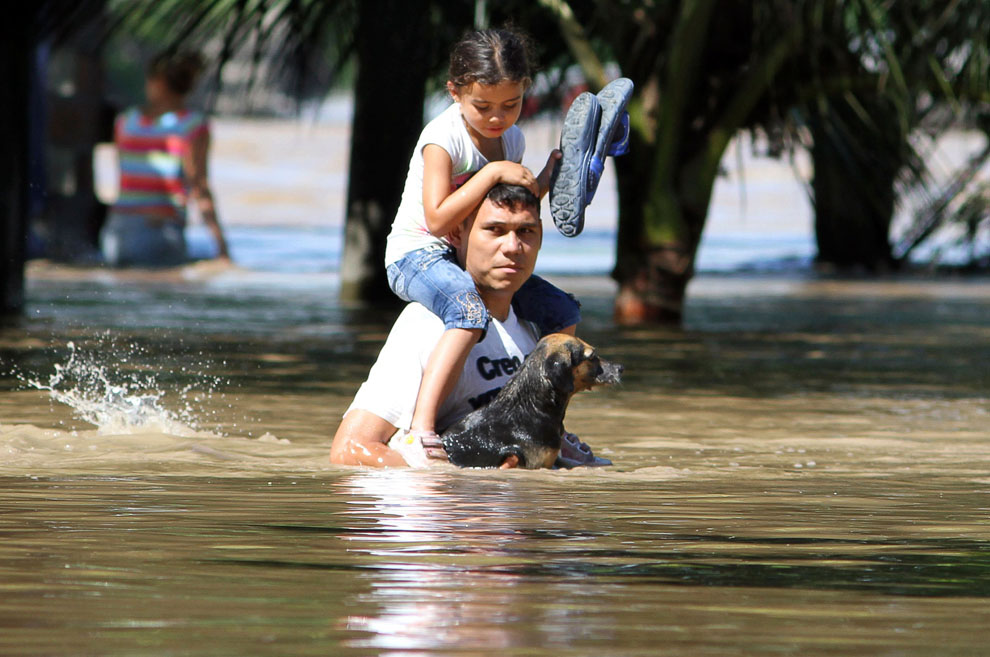 Мужчина с девочкой у себя на плечах держит собаку