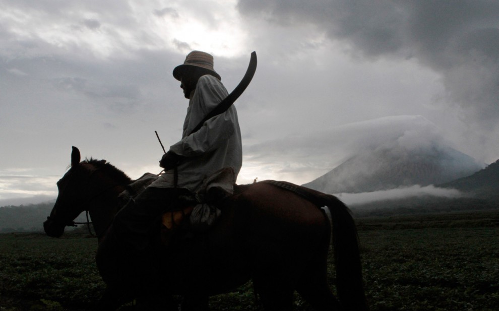 Фермер едет на лошади по арахисовому полю недалеко от вулкана Сан-Кристобаль (на заднем плане), который продолжает извергать пепел, в городе Чинандега, Никарагуа, 9 сентября 2012 года. Самый высокий вулкан Никарагуа выбросил облако пепла на высоту около 4 километров. Сотни местных жителей были вынуждены эвакуироваться. 