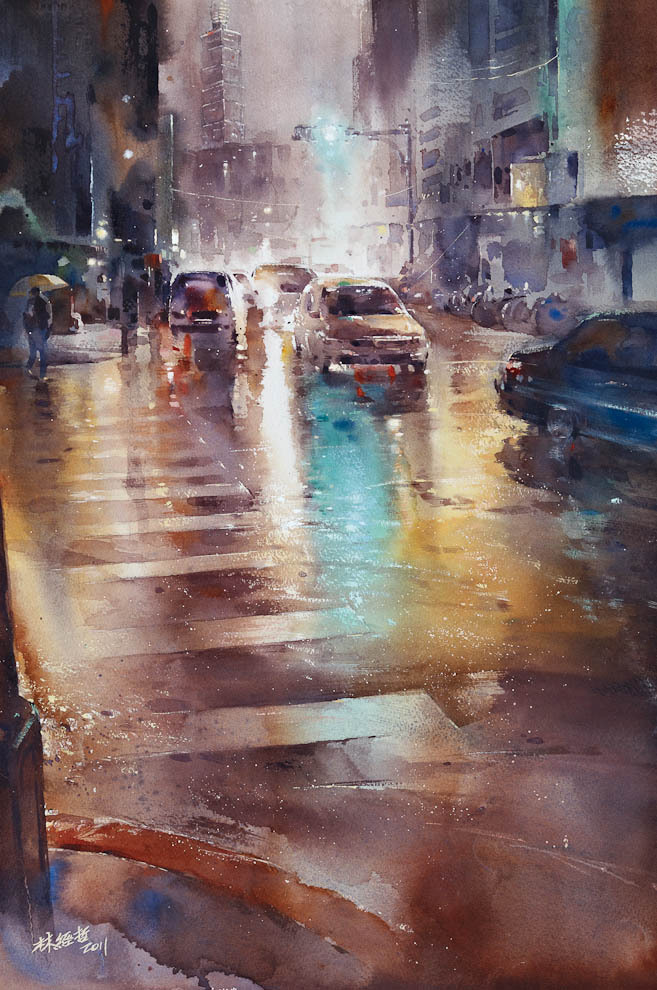 Дождливые улицы, акварель