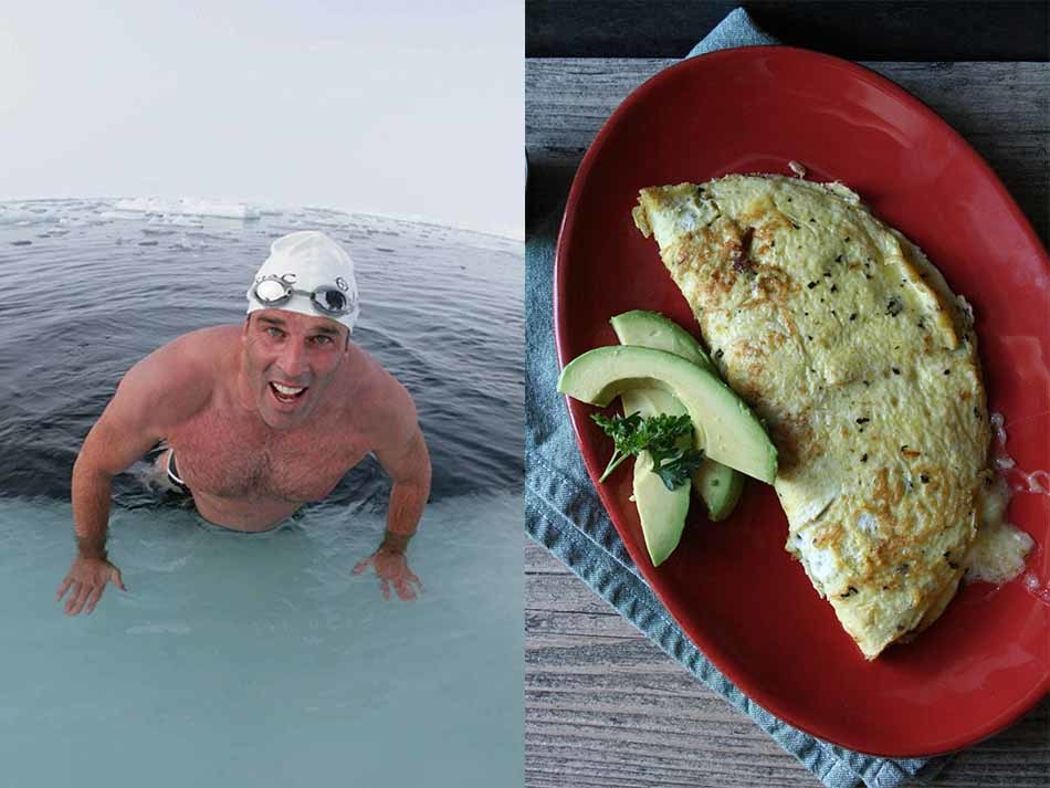 Британец Льюис Пух, проплывший 140 километров вокруг Мальдив и километровую гонку в холодной воде у подножия Эвереста, считает особо важным питательный завтрак. После полуторачасового разминочного заплывы в Атлантическом океане он предпочитает омлет с сыром и семгой, йогурт и клубнику. 