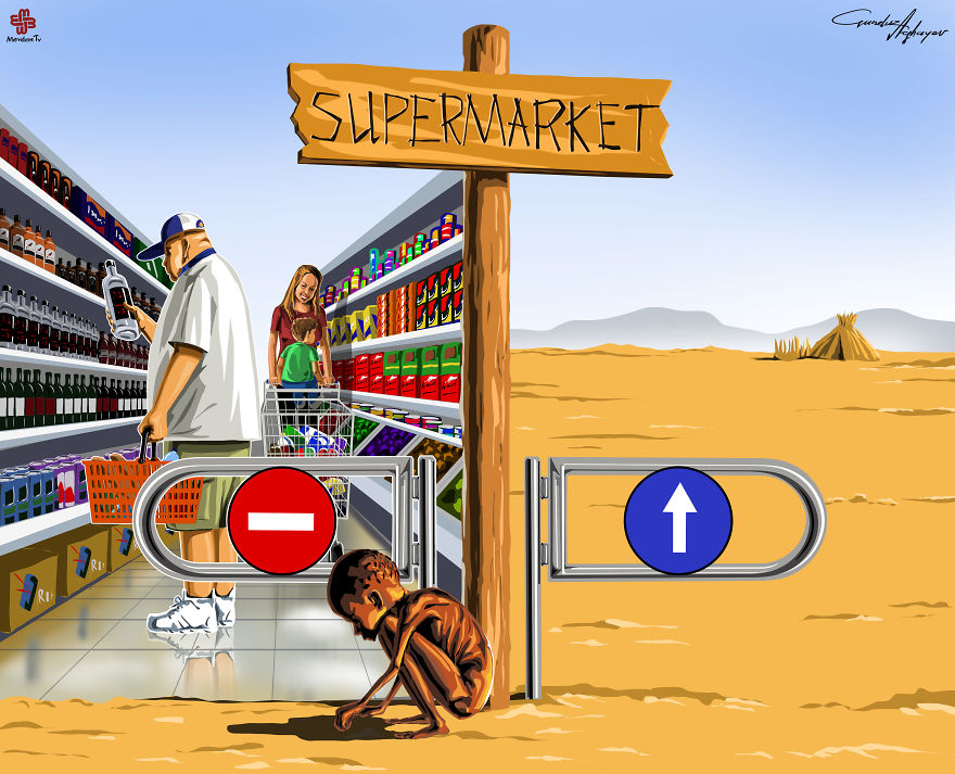Супермаркет: сатирические иллюстрации о проблемах современного общество от Гундуза Агаева
