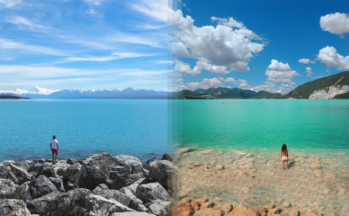 Озеро Текапо в Новой Зеландии и озеро Вольфганг в Австрии. 