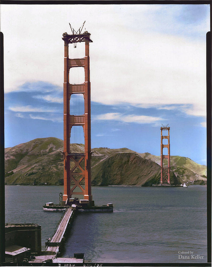 Строительство моста Золотые Ворота в Сан-Франциско, 1935 год. 